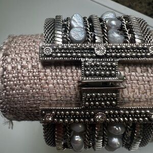 Rhinestone and Pearl Silver Bracelet with Clasp, Handmade jewelry